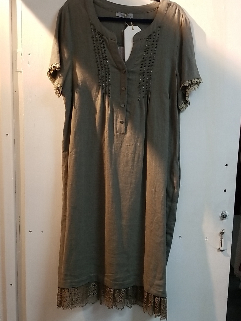 Olive Green Lace-Trim Button Front Women's Dress